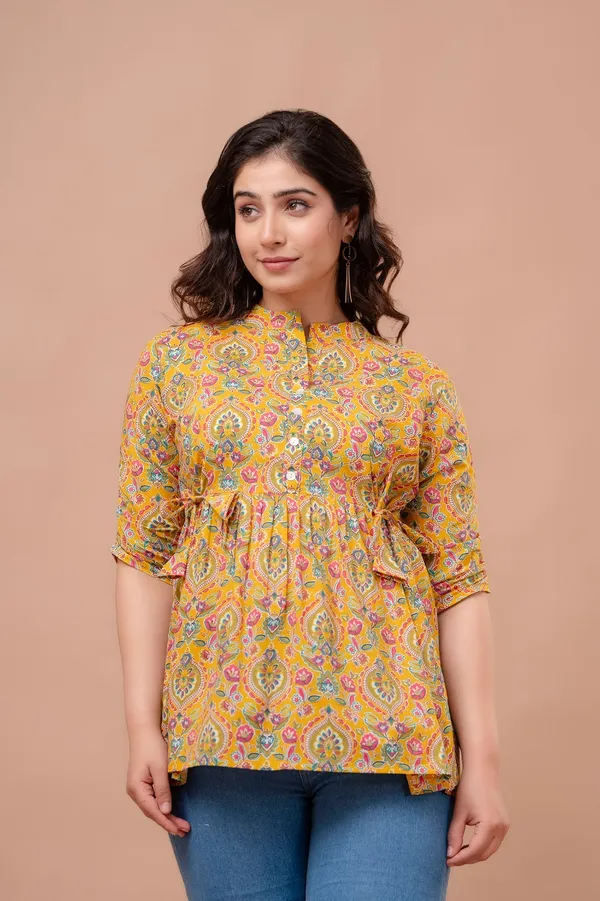 Yellow_Classic_Regular_Fit_Solid_Short_Top_For_Women
