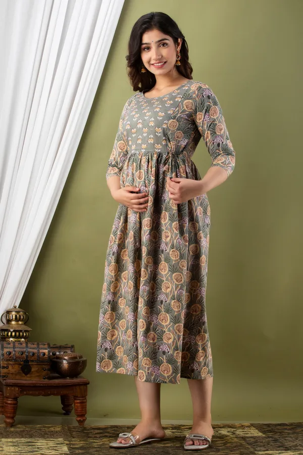 Grey_Maternity_and_Feeding_Gown_for_women_|_Pure_Cotton_Sanganeri_Print_Gown