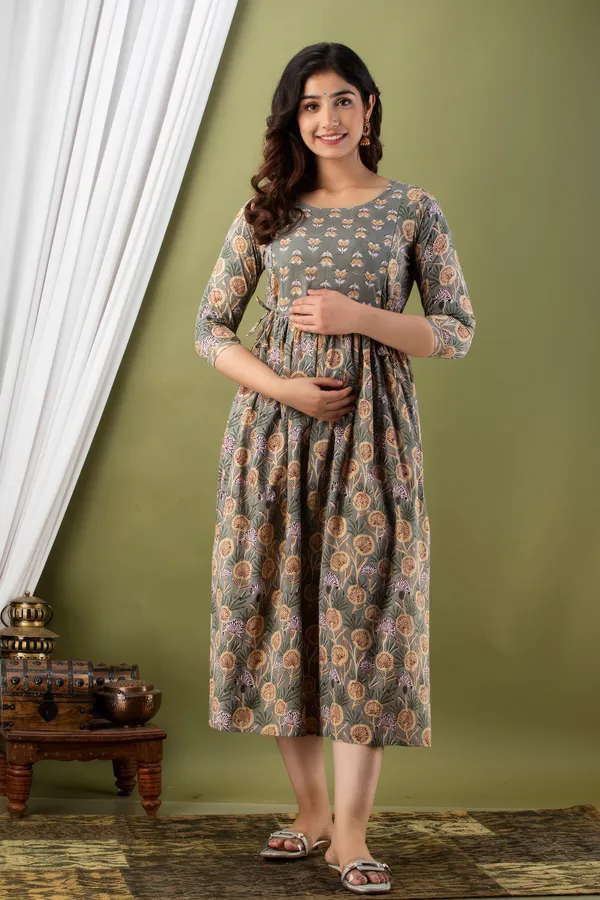 Grey_Maternity_and_Feeding_Gown_for_women_|_Pure_Cotton_Sanganeri_Print_Gown