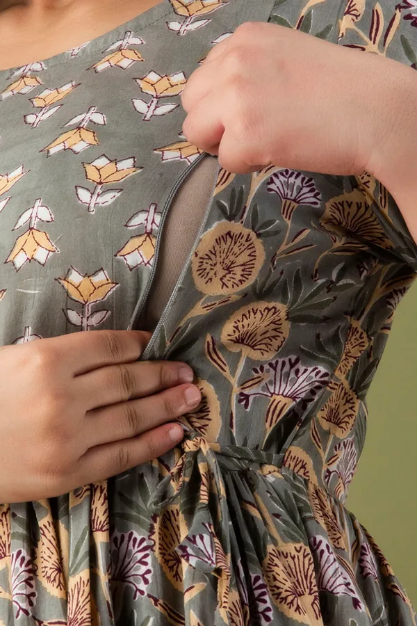 Grey_Maternity_and_Feeding_Gown_for_women_|_Pure_Cotton_Sanganeri_Print_Gown