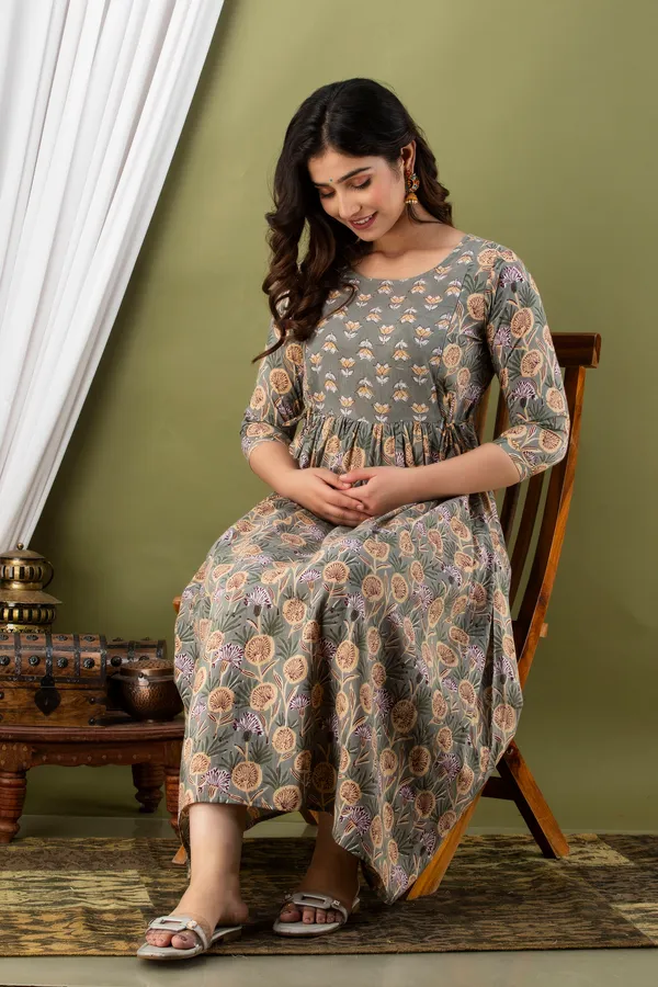 Grey_Maternity_and_Feeding_Gown_for_women_|_Pure_Cotton_Sanganeri_Print_Gown