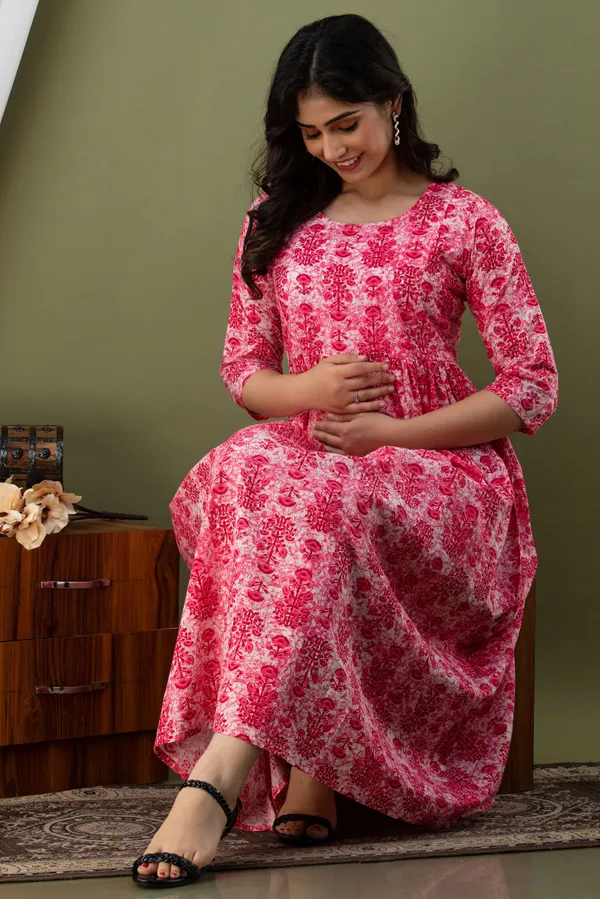 Baby_Pink_Maternity_and_Feeding_Gown_for_women_|_Pure_Cotton_Sanganeri_Print_Gown