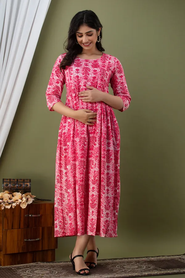 Baby_Pink_Maternity_and_Feeding_Gown_for_women_|_Pure_Cotton_Sanganeri_Print_Gown