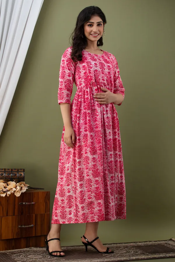 Baby_Pink_Maternity_and_Feeding_Gown_for_women_|_Pure_Cotton_Sanganeri_Print_Gown