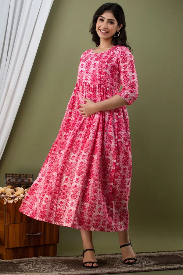 Baby_Pink_Maternity_and_Feeding_Gown_for_women_|_Pure_Cotton_Sanganeri_Print_Gown