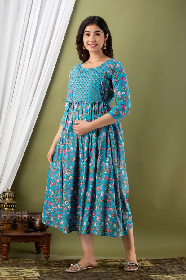 Light_Blue_Maternity_and_Feeding_Gown_for_women_|_Pure_Cotton_Sanganeri_Print_Gown