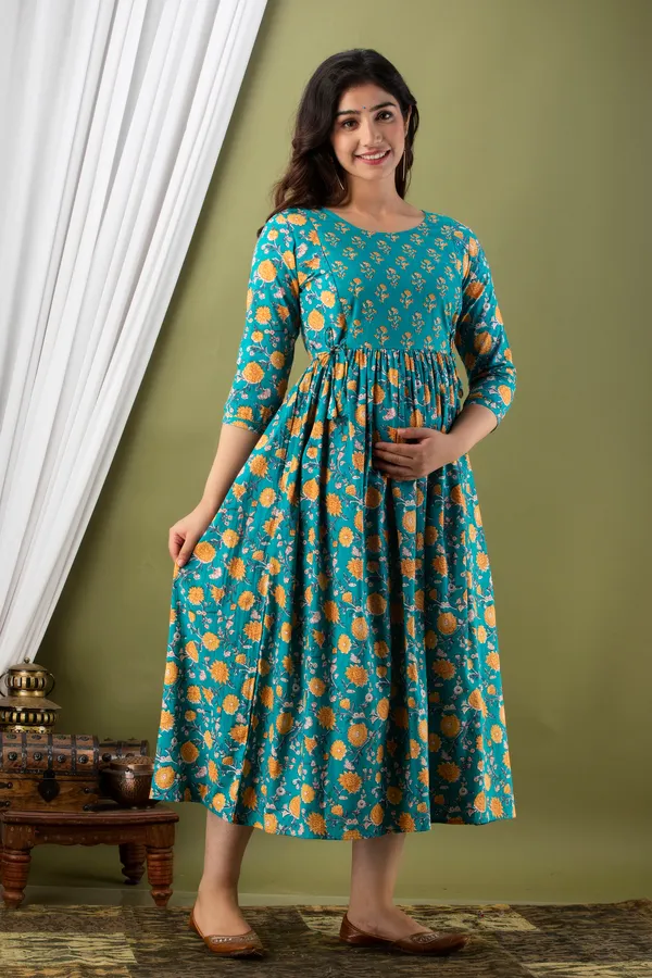 Light_Blue_Maternity_and_Feeding_Gown_for_women_|_Pure_Cotton_Sanganeri_Print_Gown