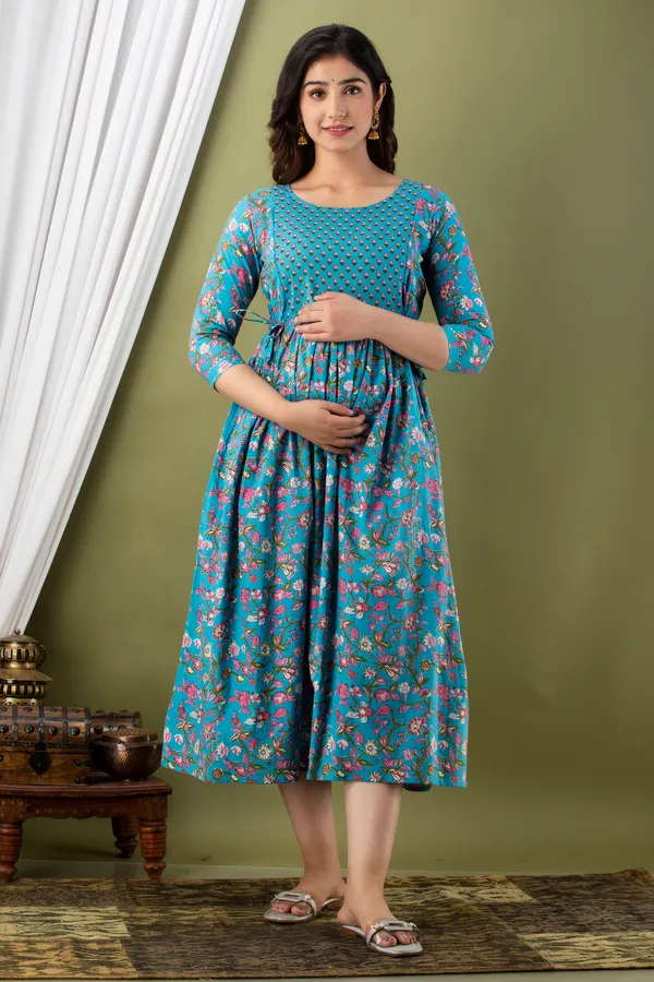 Light_Blue_Maternity_and_Feeding_Gown_for_women_|_Pure_Cotton_Sanganeri_Print_Gown