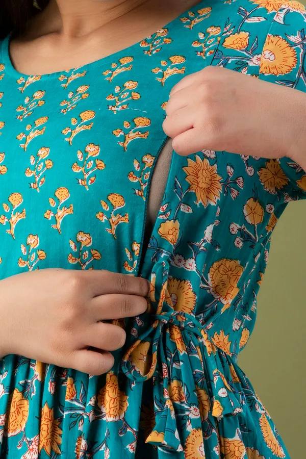 Light_Blue_Maternity_and_Feeding_Gown_for_women_|_Pure_Cotton_Sanganeri_Print_Gown