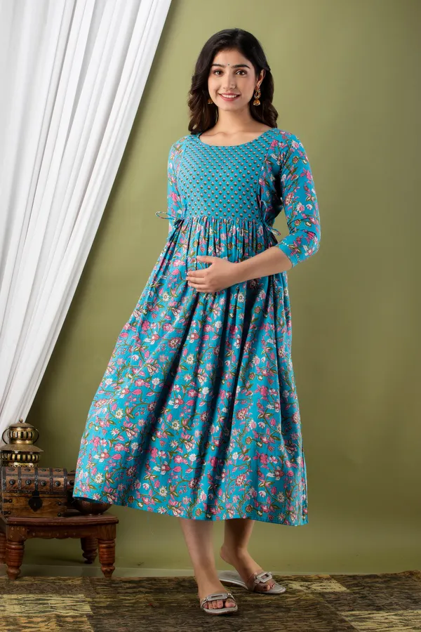 Light_Blue_Maternity_and_Feeding_Gown_for_women_|_Pure_Cotton_Sanganeri_Print_Gown