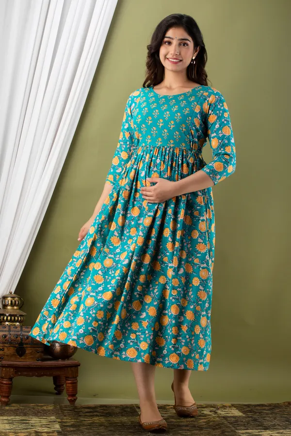 Light_Blue_Maternity_and_Feeding_Gown_for_women_|_Pure_Cotton_Sanganeri_Print_Gown