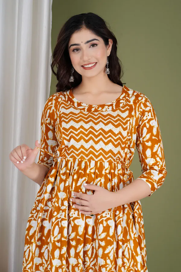 Light_Brown_Maternity_and_Feeding_Gown_for_women_|_Pure_Cotton_Sanganeri_Print_Gown