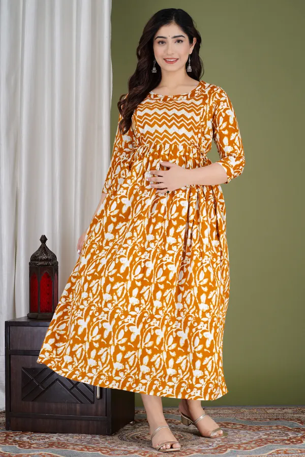 Light_Brown_Maternity_and_Feeding_Gown_for_women_|_Pure_Cotton_Sanganeri_Print_Gown
