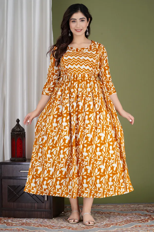 Light_Brown_Maternity_and_Feeding_Gown_for_women_|_Pure_Cotton_Sanganeri_Print_Gown
