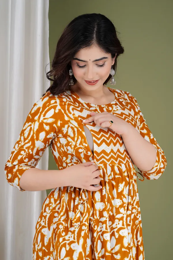Light_Brown_Maternity_and_Feeding_Gown_for_women_|_Pure_Cotton_Sanganeri_Print_Gown