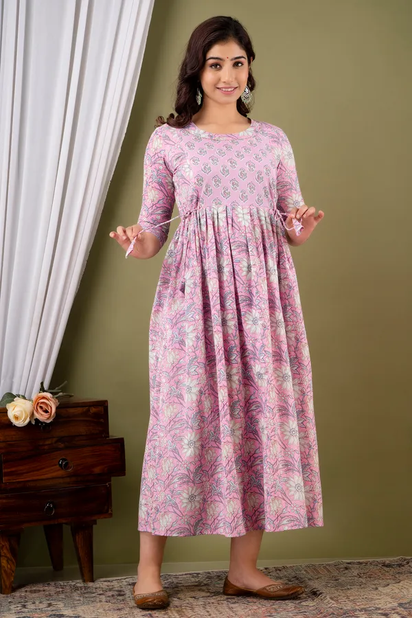 Light_Pink_Maternity_and_Feeding_Gown_for_women_|_Pure_Cotton_Sanganeri_Print_Gown