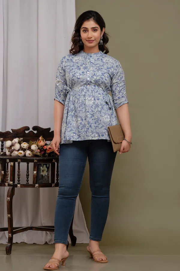 Light_Blue_Classic_Regular_Fit_Solid_Short_Top_For_Women