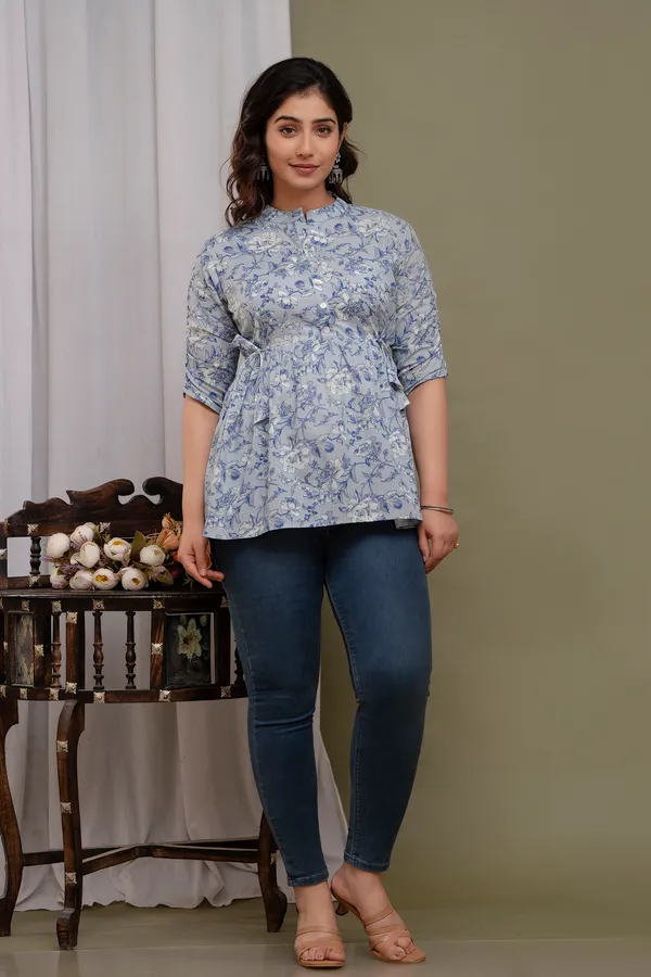 Light_Blue_Classic_Regular_Fit_Solid_Short_Top_For_Women