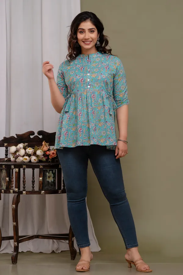 Light_Blue_Classic_Regular_Fit_Solid_Short_Top_For_Women
