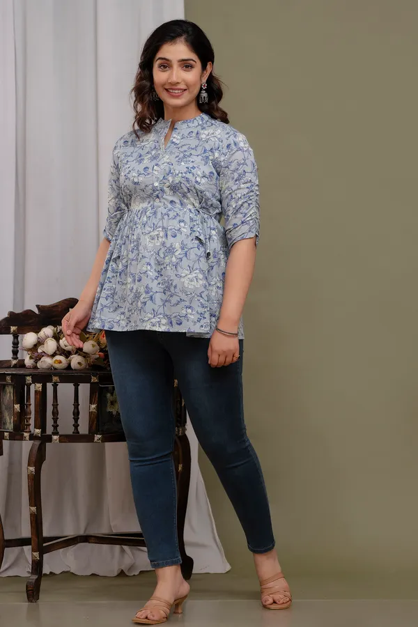 Light_Blue_Classic_Regular_Fit_Solid_Short_Top_For_Women