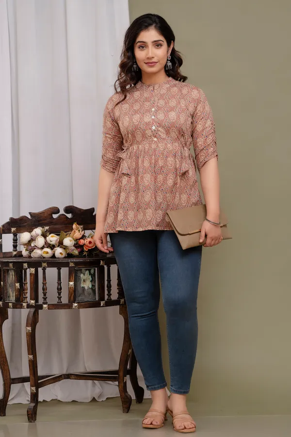 Light_Brown_Classic_Regular_Fit_Solid_Short_Top_For_Women