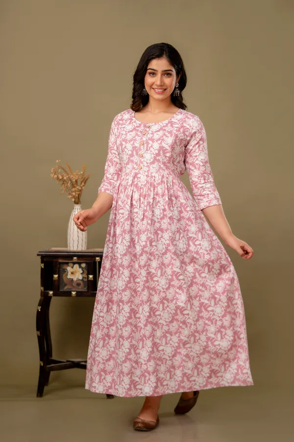 Light_Pink_Maternity_and_Feeding_Gown_for_women_|_Pure_Cotton_Sanganeri_Print_Gown
