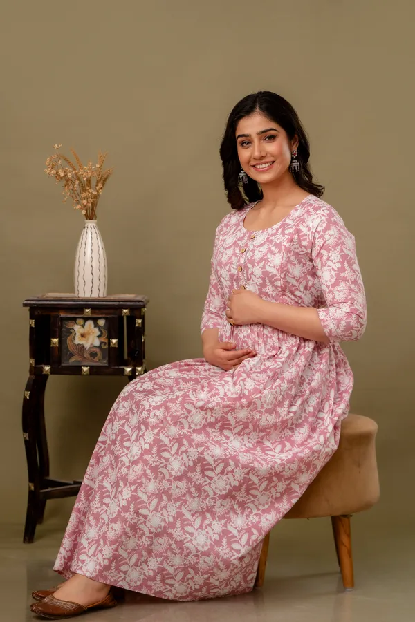 Light_Pink_Maternity_and_Feeding_Gown_for_women_|_Pure_Cotton_Sanganeri_Print_Gown