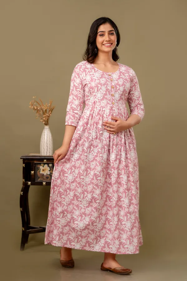Light_Pink_Maternity_and_Feeding_Gown_for_women_|_Pure_Cotton_Sanganeri_Print_Gown