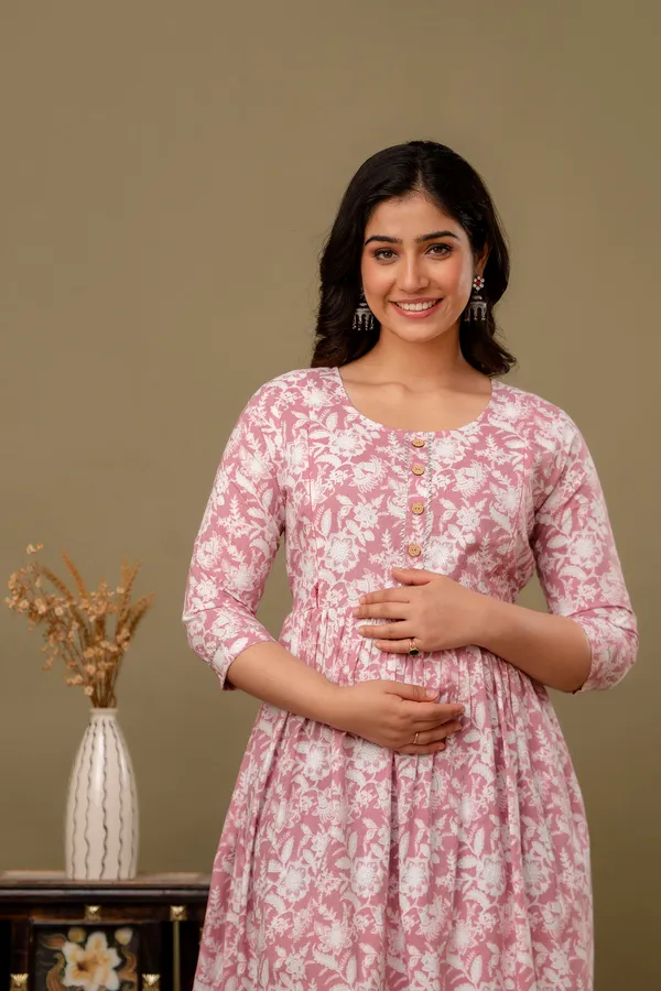 Light_Pink_Maternity_and_Feeding_Gown_for_women_|_Pure_Cotton_Sanganeri_Print_Gown