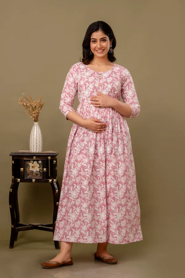 Light_Pink_Maternity_and_Feeding_Gown_for_women_|_Pure_Cotton_Sanganeri_Print_Gown