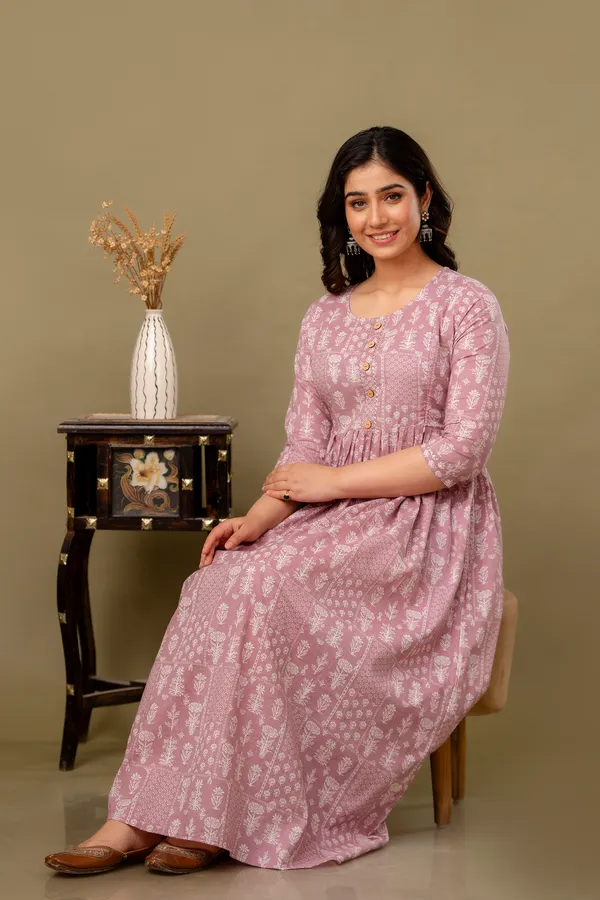 Light_Pink_Maternity_and_Feeding_Gown_for_women_|_Pure_Cotton_Sanganeri_Print_Gown