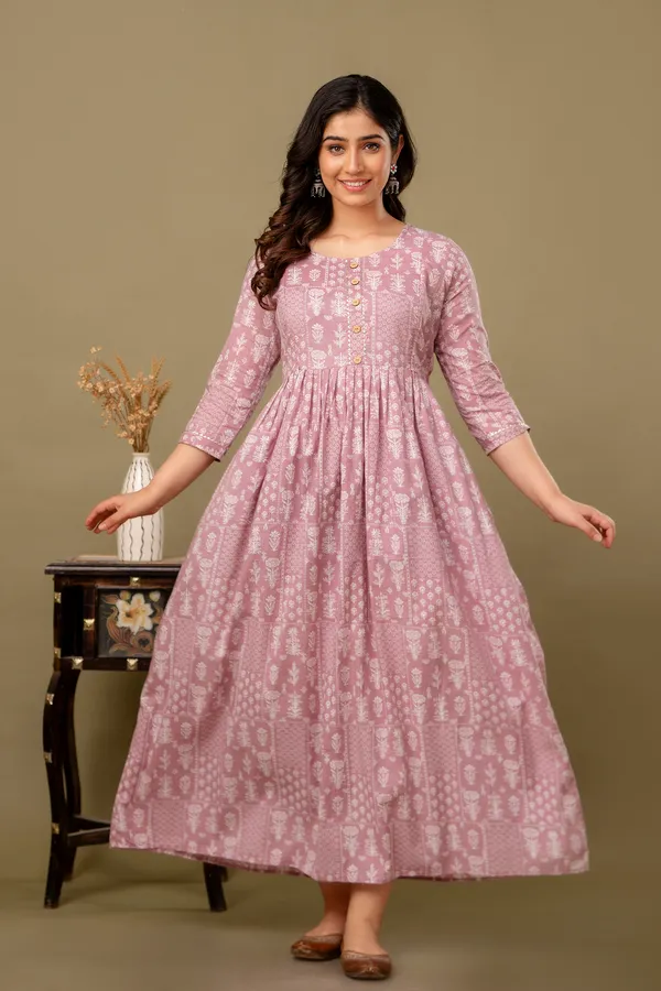 Light_Pink_Maternity_and_Feeding_Gown_for_women_|_Pure_Cotton_Sanganeri_Print_Gown