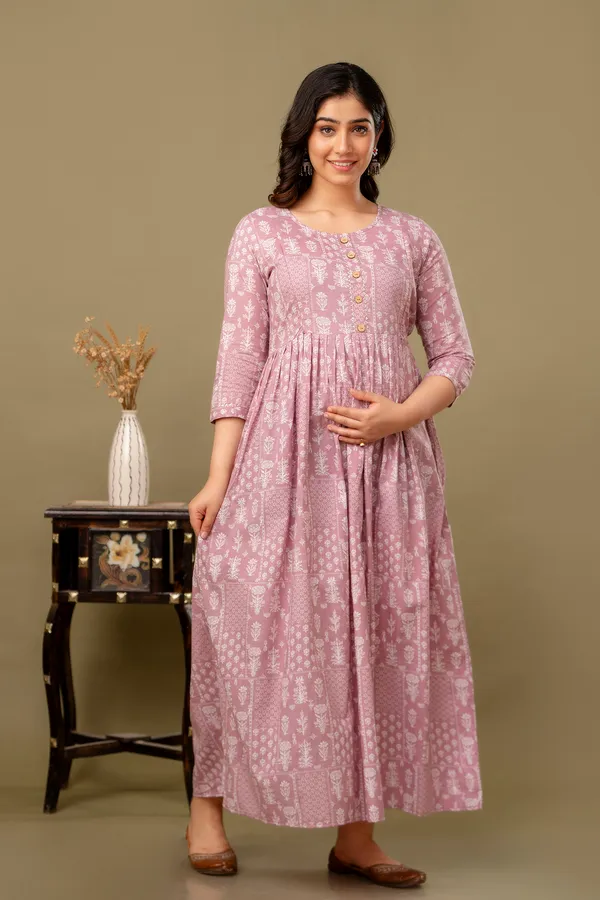 Light_Pink_Maternity_and_Feeding_Gown_for_women_|_Pure_Cotton_Sanganeri_Print_Gown