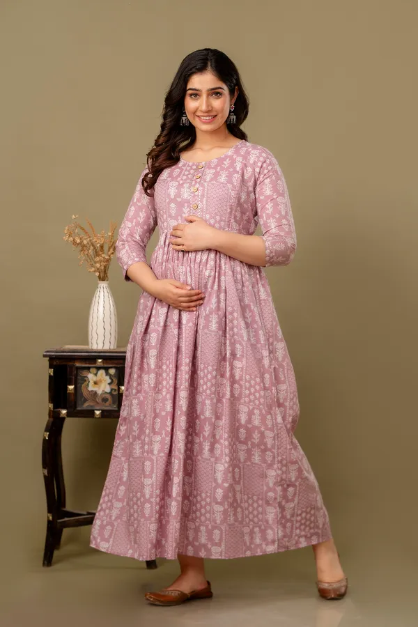 Light_Pink_Maternity_and_Feeding_Gown_for_women_|_Pure_Cotton_Sanganeri_Print_Gown