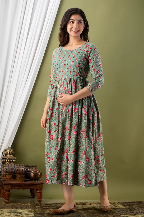 Multicolor_Maternity_and_Feeding_Gown_for_women_|_Pure_Cotton_Sanganeri_Print_Gown