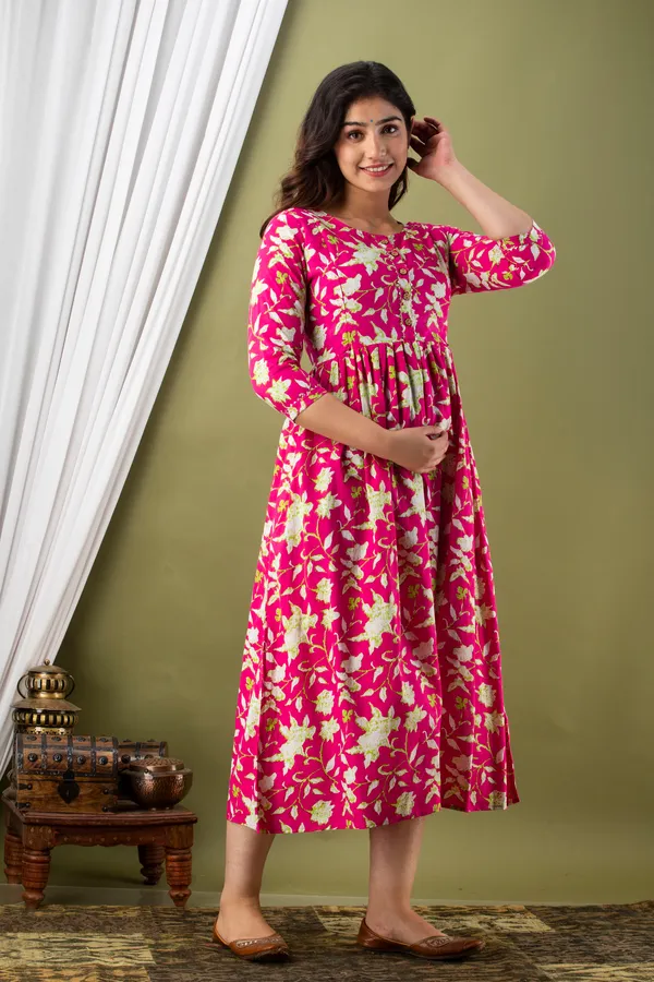 Pink_Maternity_and_Feeding_Gown_for_women_|_Pure_Cotton_Sanganeri_Print_Gown