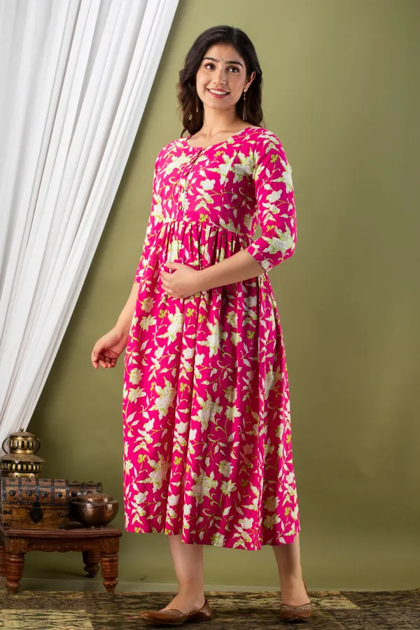 Pink_Maternity_and_Feeding_Gown_for_women_|_Pure_Cotton_Sanganeri_Print_Gown