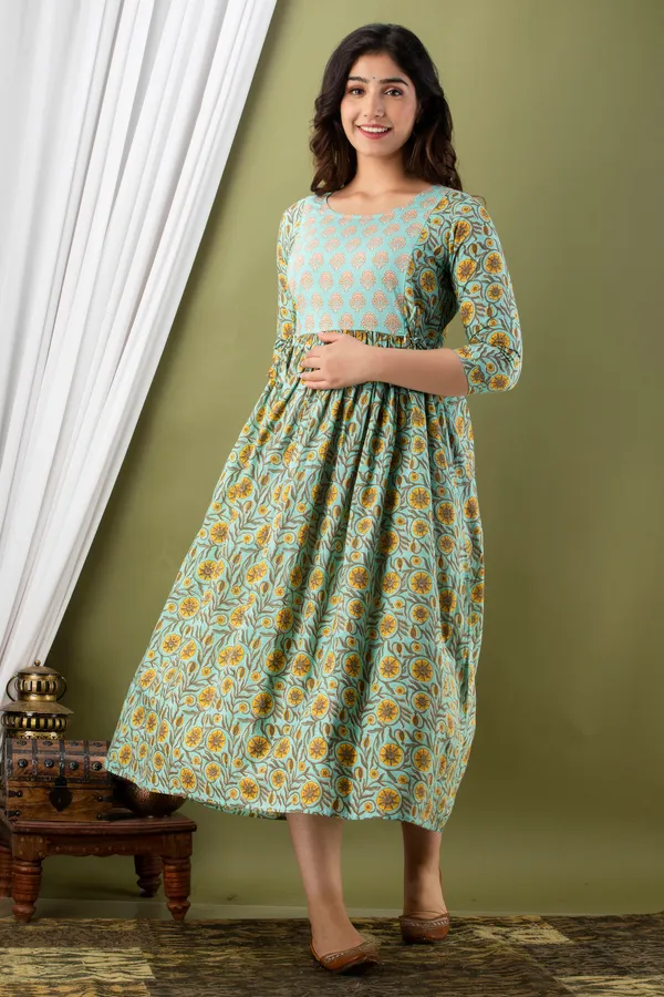 Multicolor_Maternity_and_Feeding_Gown_for_women_|_Pure_Cotton_Sanganeri_Print_Gown