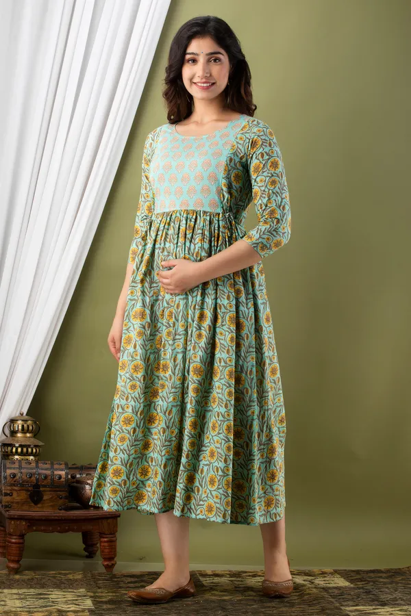 Multicolor_Maternity_and_Feeding_Gown_for_women_|_Pure_Cotton_Sanganeri_Print_Gown