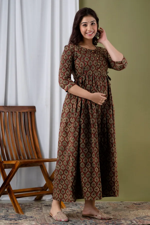 Maroon_Maternity_and_Feeding_Gown_for_women_|_Pure_Cotton_Sanganeri_Print_Gown
