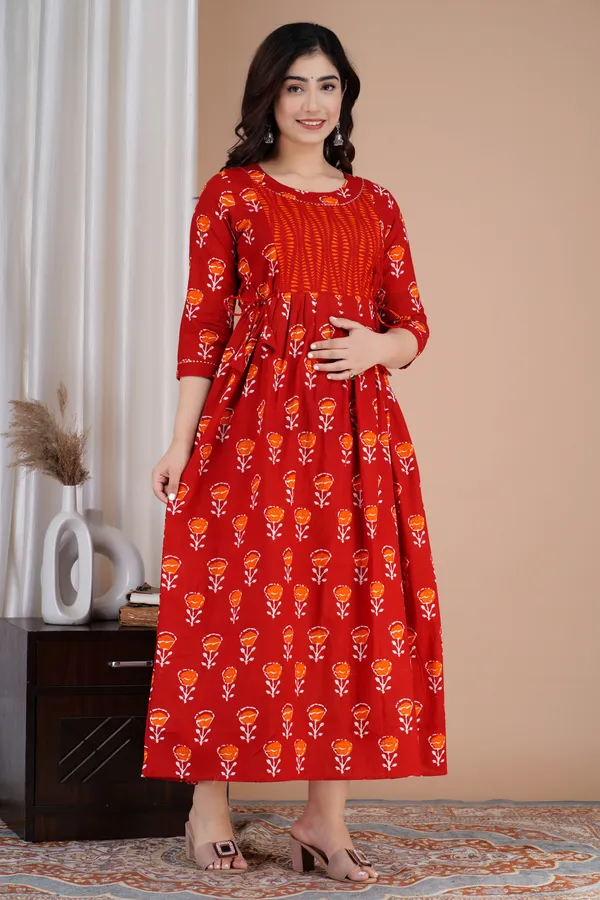 Maroon_Maternity_and_Feeding_Gown_for_women_|_Pure_Cotton_Sanganeri_Print_Gown