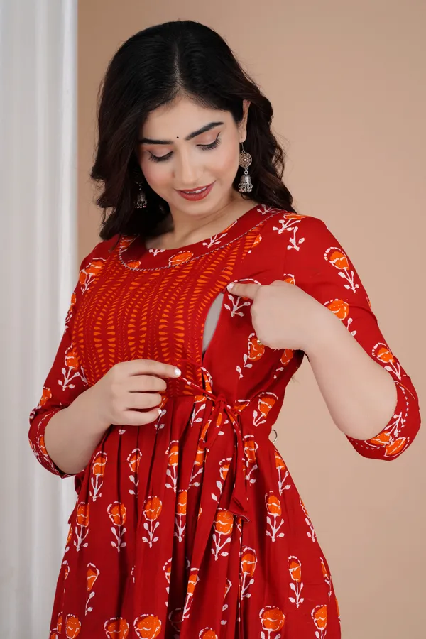 Maroon_Maternity_and_Feeding_Gown_for_women_|_Pure_Cotton_Sanganeri_Print_Gown