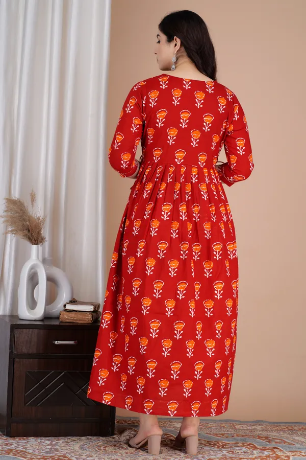 Maroon_Maternity_and_Feeding_Gown_for_women_|_Pure_Cotton_Sanganeri_Print_Gown