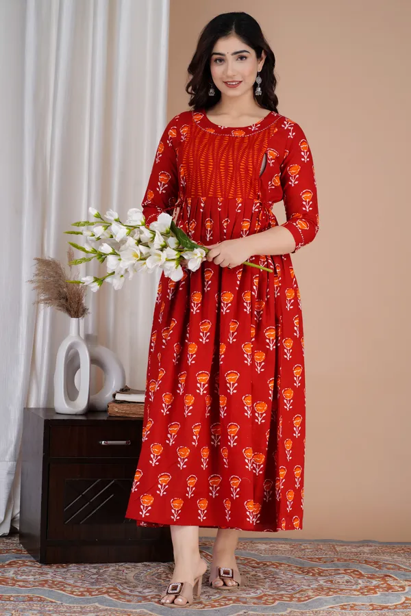 Maroon_Maternity_and_Feeding_Gown_for_women_|_Pure_Cotton_Sanganeri_Print_Gown