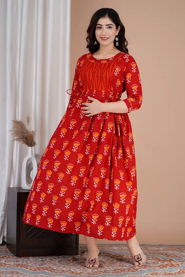 Maroon_Maternity_and_Feeding_Gown_for_women_|_Pure_Cotton_Sanganeri_Print_Gown