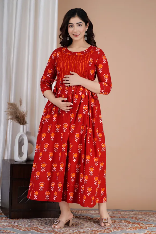 Maroon_Maternity_and_Feeding_Gown_for_women_|_Pure_Cotton_Sanganeri_Print_Gown
