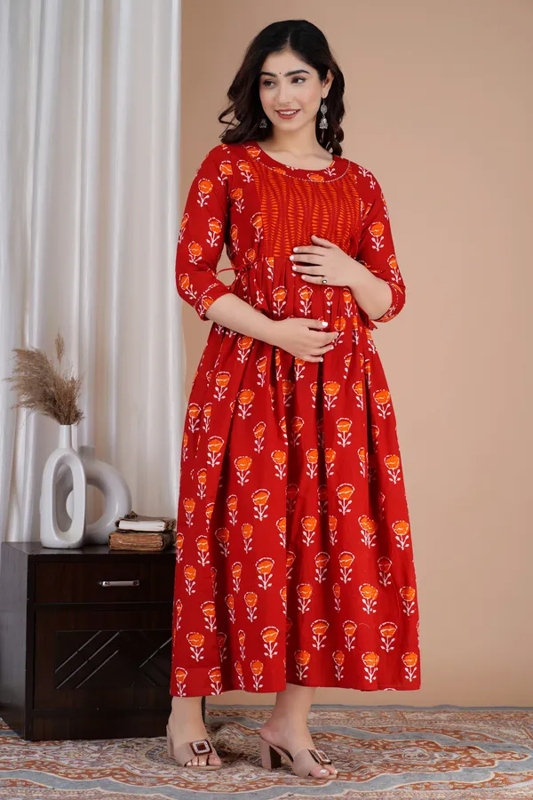 Maroon_Maternity_and_Feeding_Gown_for_women_|_Pure_Cotton_Sanganeri_Print_Gown