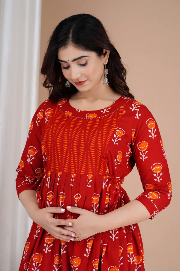 Maroon_Maternity_and_Feeding_Gown_for_women_|_Pure_Cotton_Sanganeri_Print_Gown
