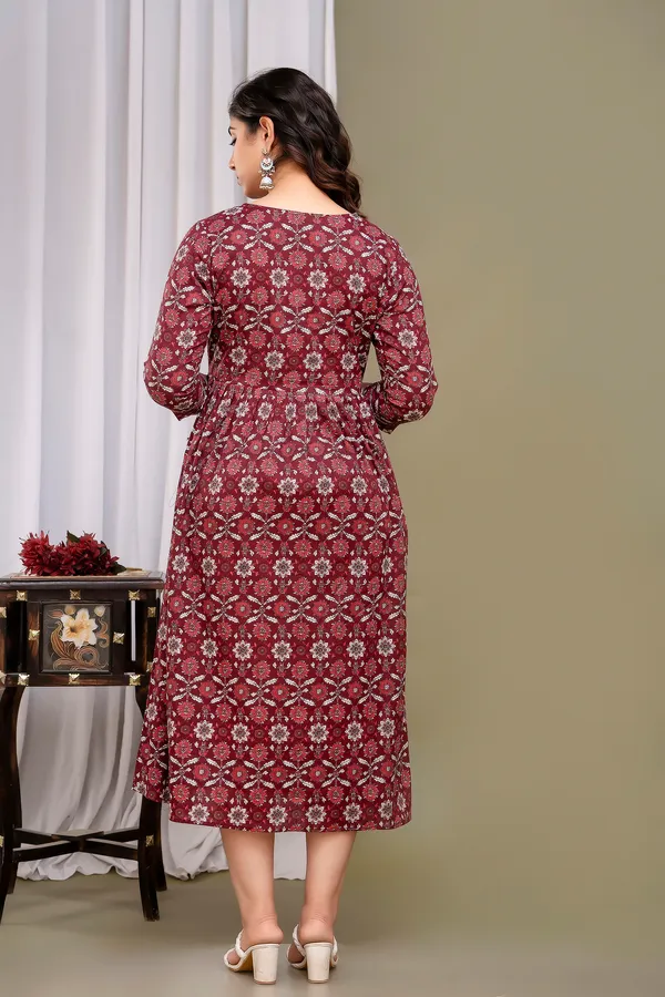 Mahroon_Maternity_and_Feeding_Gown_for_women_|_Pure_Cotton_Sanganeri_Print_Gown
