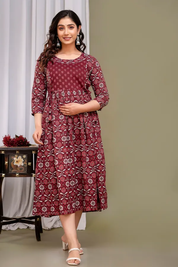 Mahroon_Maternity_and_Feeding_Gown_for_women_|_Pure_Cotton_Sanganeri_Print_Gown